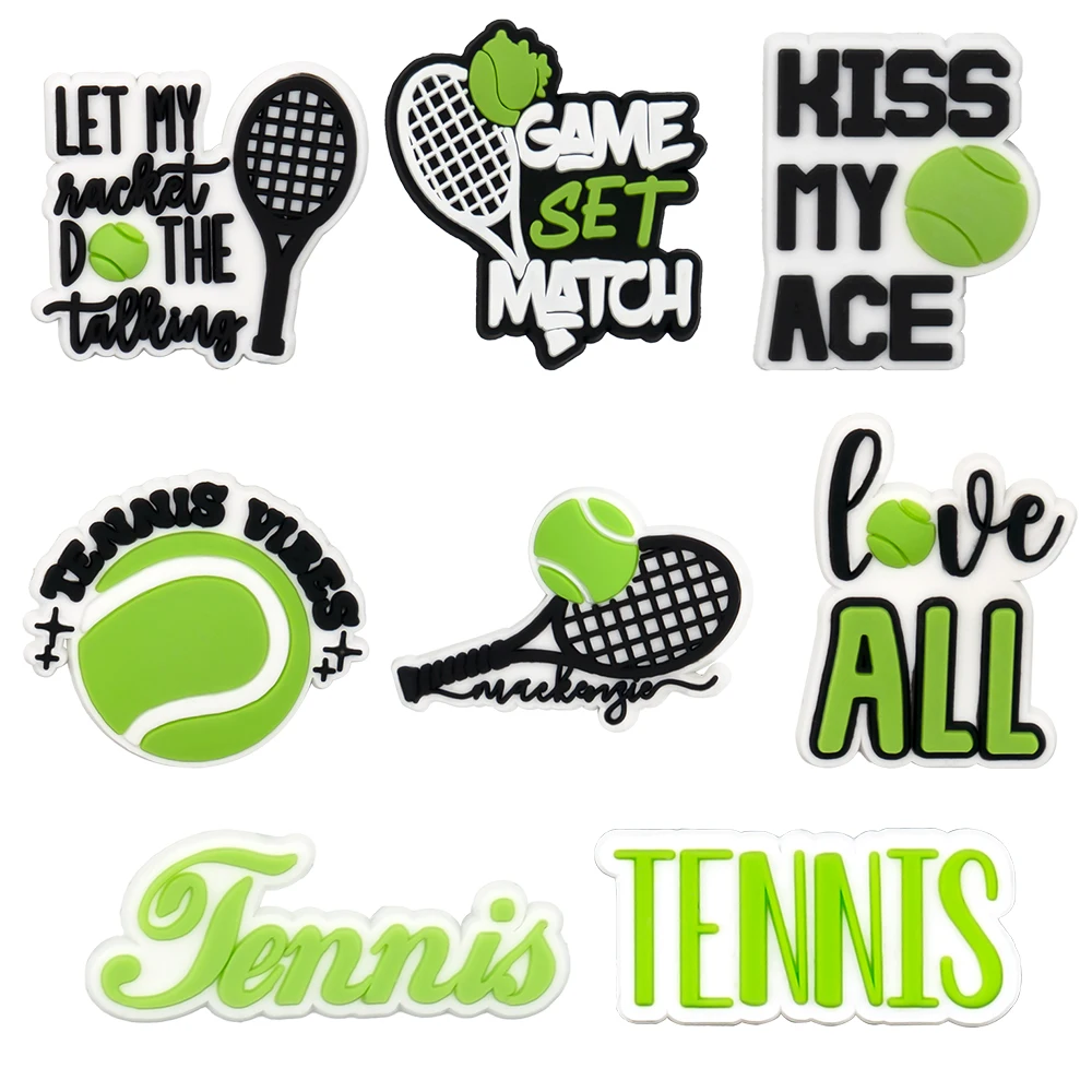 8PCS Shoe Charms Sports Series Green Tennis Shoe Buckle Pins Kawaii Sneaker Jean Set Women Men Shoe Accessories fit Tote Bag