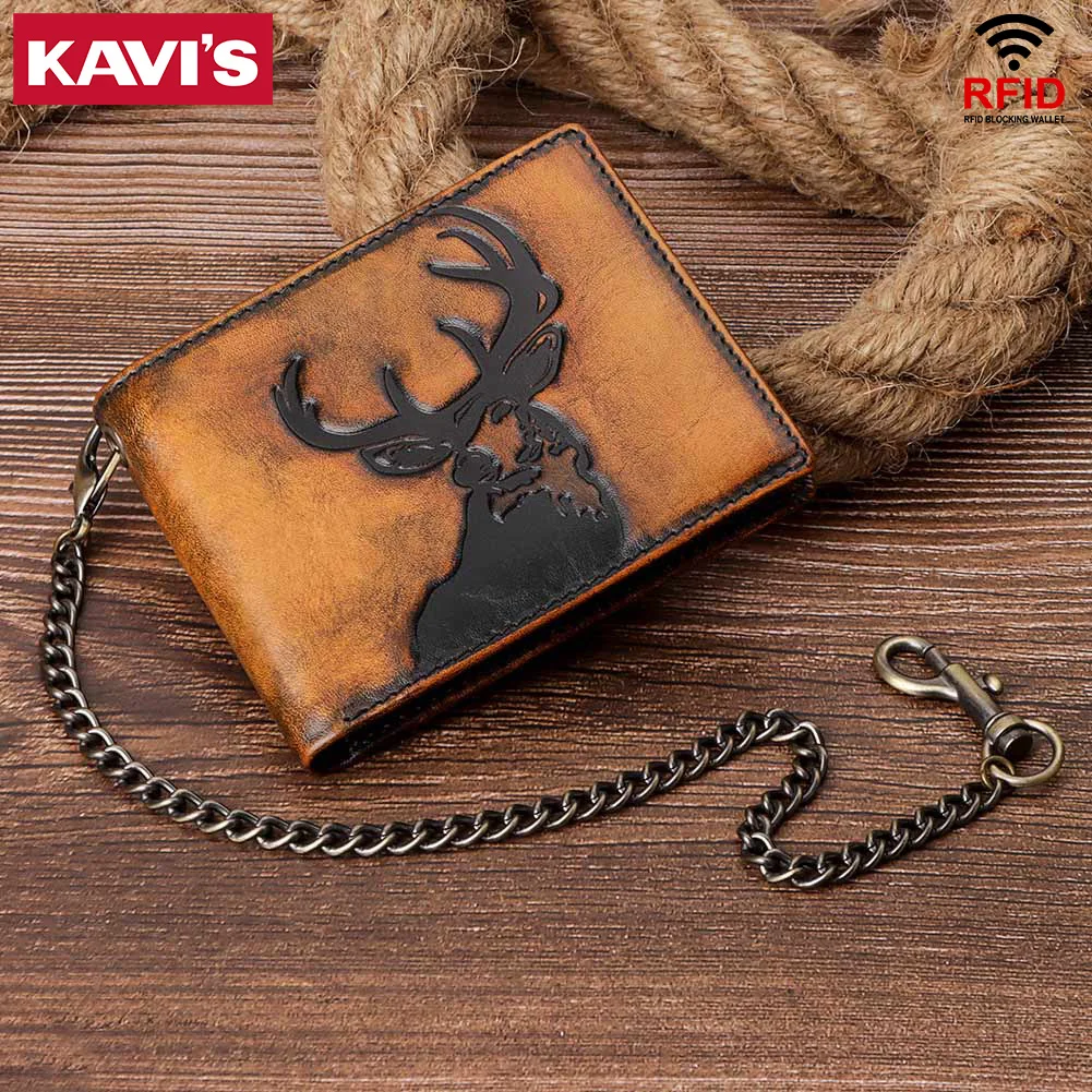 KAVIS 100% Genuine Leather Vintage Chain Wallets for Men Classic Slim Male Multi-function Multi Pocket Card Clip Wallet Cowskin