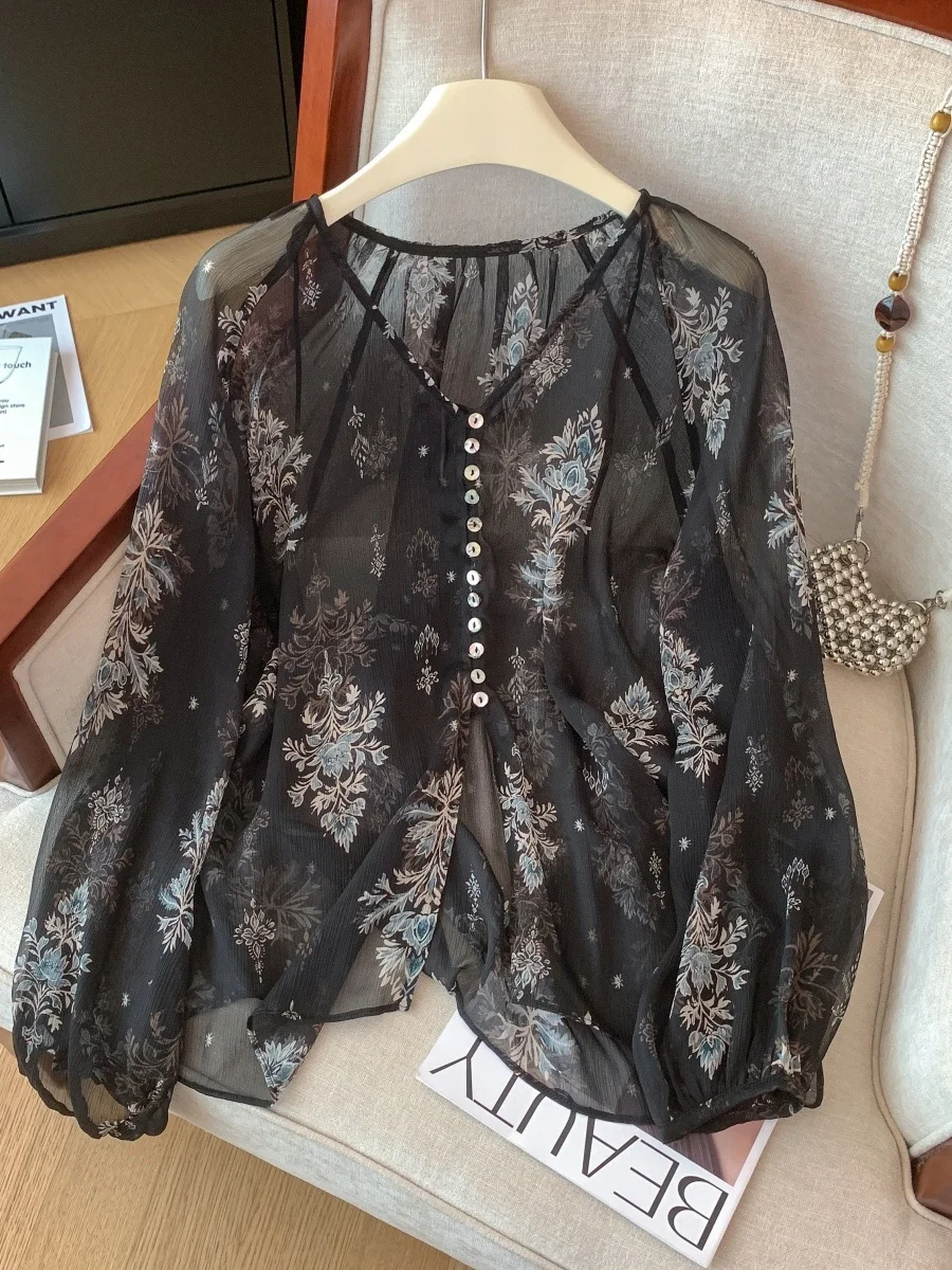 럭셔리 브이넥 긴팔 쉬폰 자수 탑 여성 패셔너블 베이스 셔츠 루즈핏 랜턴 슬리브 코튼 거즈