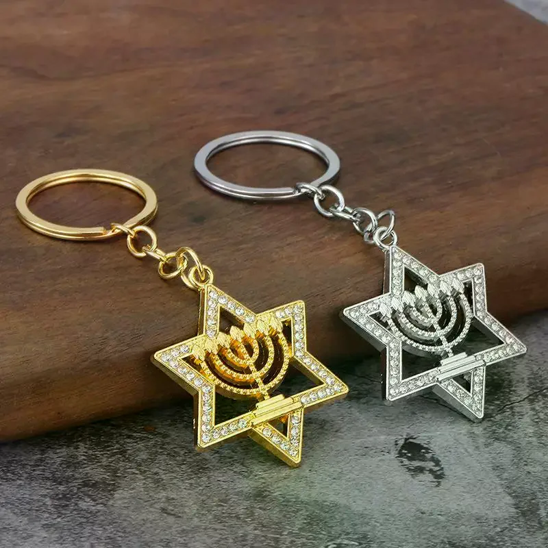 Fashion Shining Zircon Star Hanukkah Keychain For Women Men Jewish Religious Gifts Jewelry Accessories