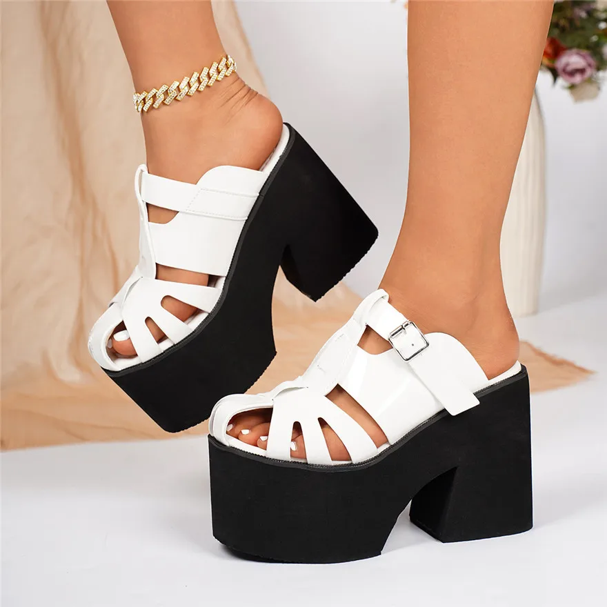 Women Fashion Thick Sole Buckle Flip Flops Patent Leather Hollow Baotou Casual Shoes High Heels Female Platform Outdoor Slippers view 2