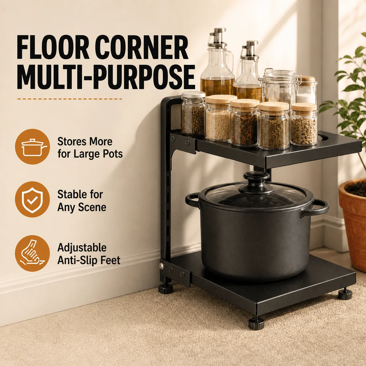 A Height-Adjustable 2/3/4/5/7-Layer Adjustable Stainless Steel Kitchen Storage Rack, Kitchen Storage Shelf, Multi-Layer Drain Organizer for Pots, Pans and Tableware, Painted Finish, Black, Kitchen Storage | Shelf, Kitchen Sink under Cabinet Pot Storage, m