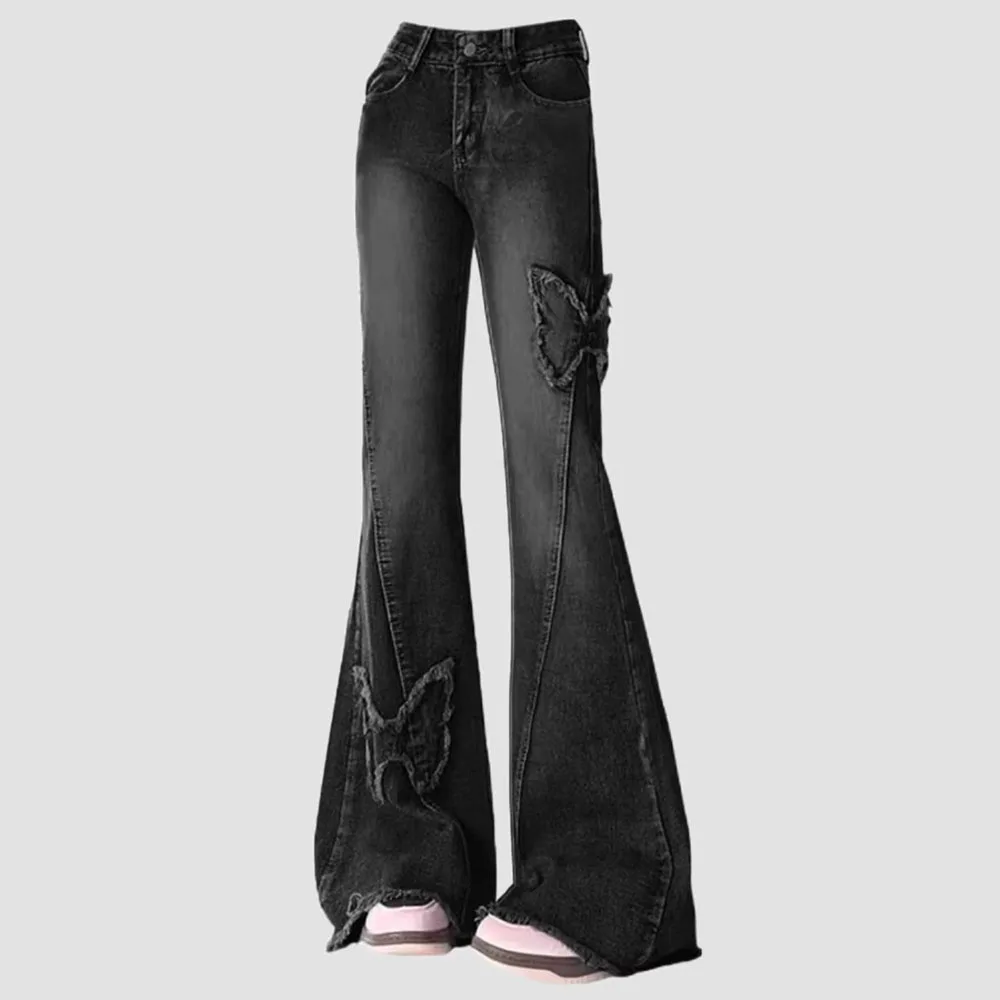 Clearance Sale Y2K Butterfly Flared Jeans Women High Waist Raw Hem Black Denim Pants Limited Stock Vintage Casual Streetwear