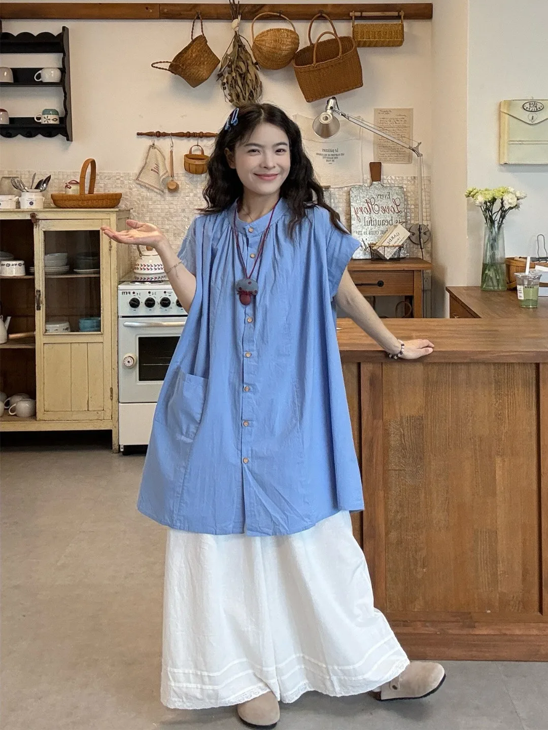 

Loose ort Sve Blue irt Women's plus Size Summer New Sle High Waist White Wide Leg Pants Comfortable Korean Sle Com...