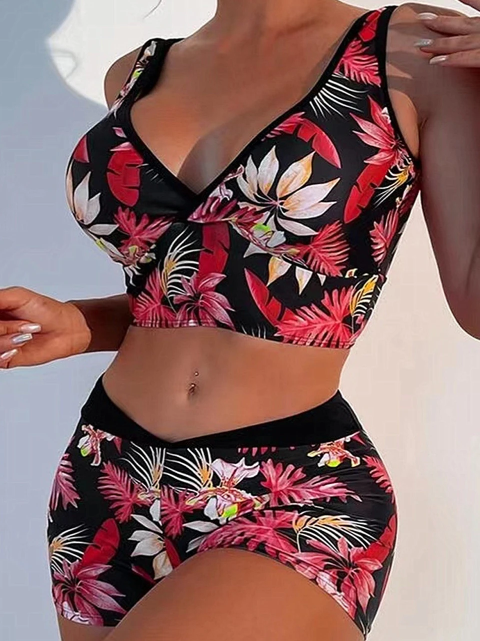 Deep V-neck Bikinis Swimsuit 2024 Women High Waist Sports Shorts Swimwear Lady Print Bathing Suit Female Bathers Swimming Summer