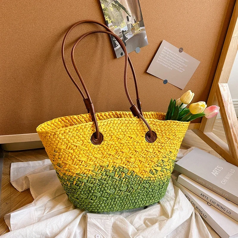 Summer Seaside Beach Bag Hand-woven Large Capacity Straw Tote Bag Gradient Color Design Women 's Travel  Vacation Shoulder Bag