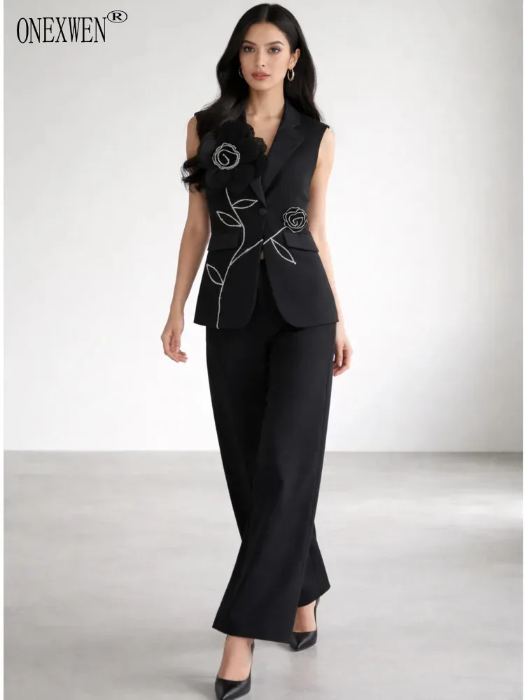 ONEXWEN Women 2 Piece Set Black Vest And Wide Leg Pants Elegant Flower Embroidery Suit Sleeveless Blazer Office Set ZM5184
