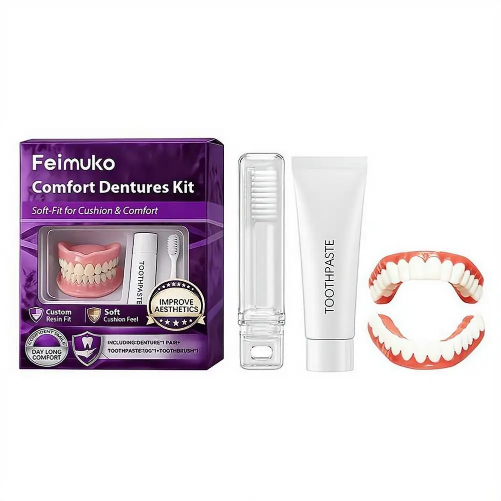 Comfort Dentures Kit Soft Fit Resin Cosmetic Teeth Cover Smile Enhancement With Toothpaste Toothbrush Daily Care Set