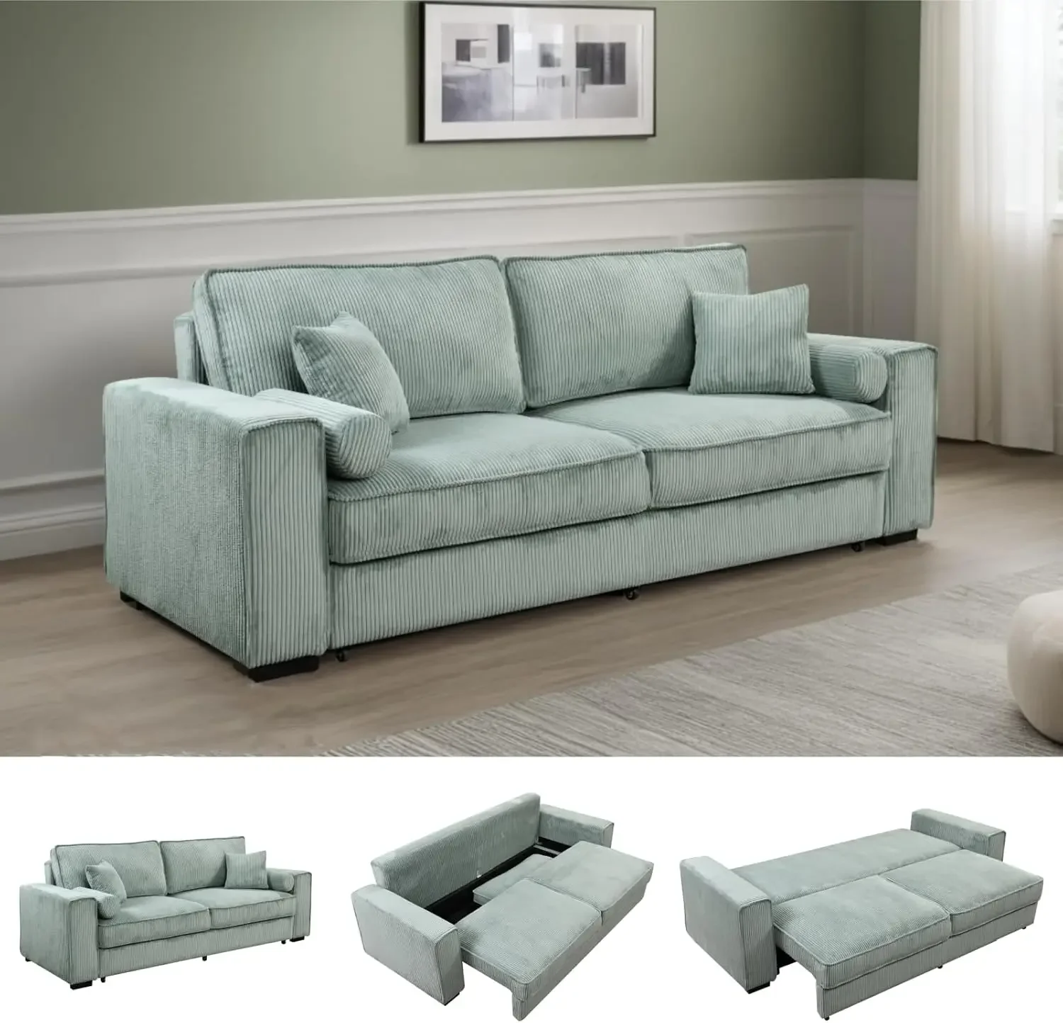 91-Inch Corduroy Queen Size Sleeper Sofa Bed with Storage, Convertible Sleeper Couch with Pull Out Bed and 4 Pillows