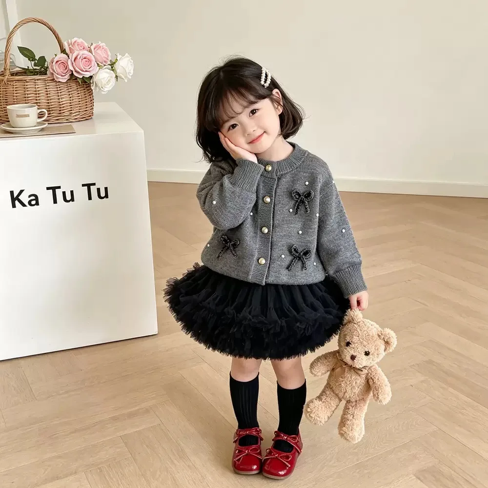 Korean Style Baby Girls 2‑Pcs Outfit Set Bow Knit Cardigan Sweater + Tulle Tutu Skirt Toddler Birthday Party Wedding Formal Dres