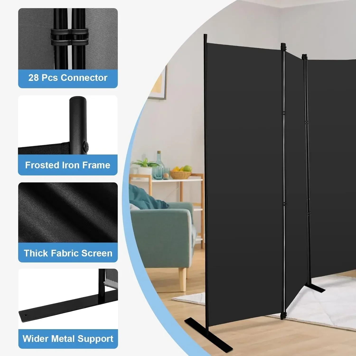 8-Panel Black Room Divider 6ft Tall Folding Privacy Screen Portable Office Partition 160
