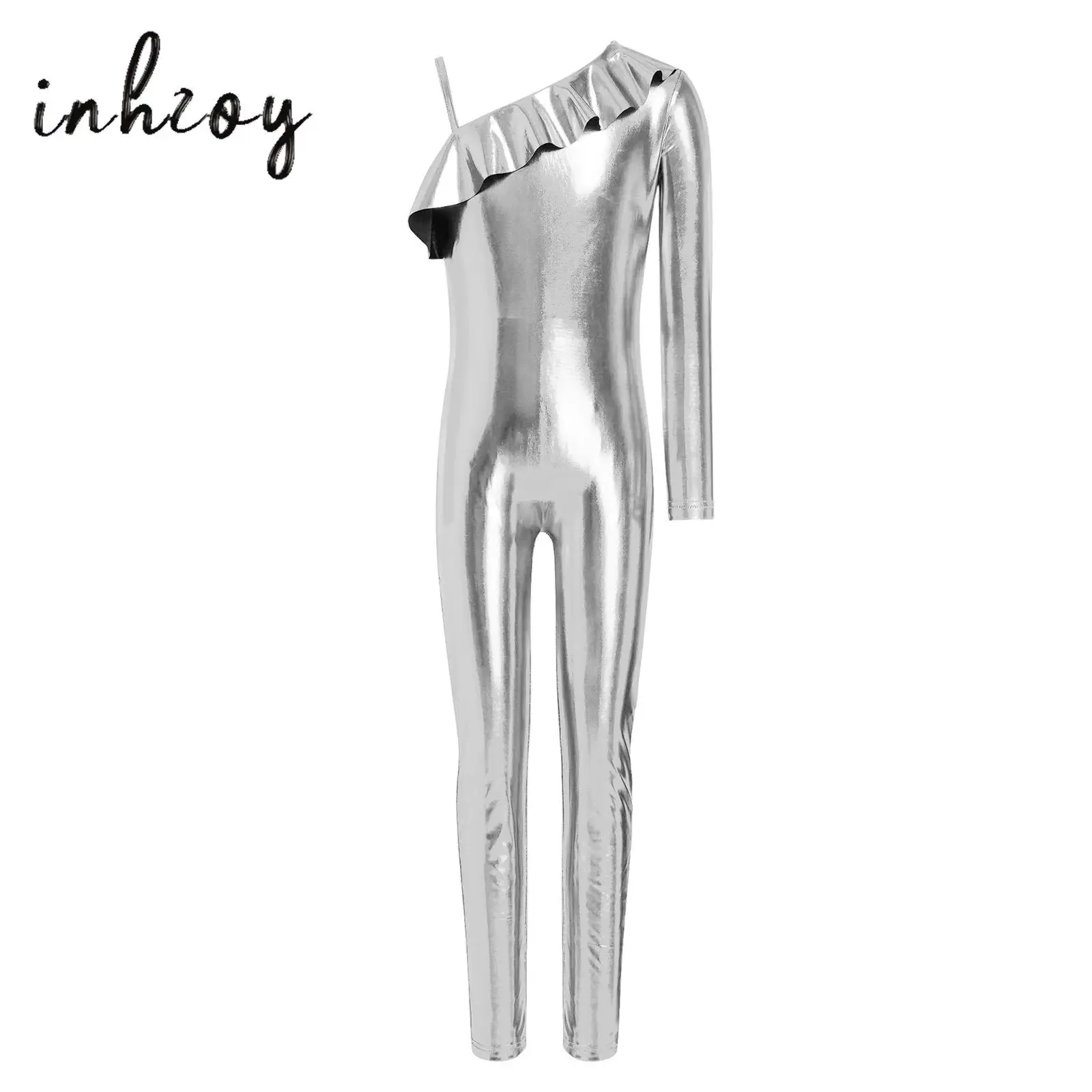 

Kids Ruffle Metallic One Piece Full Body Gymnastics Jersey Ballet Dance Leotard Jumpsuit Girls Unitards Competition Dancewear