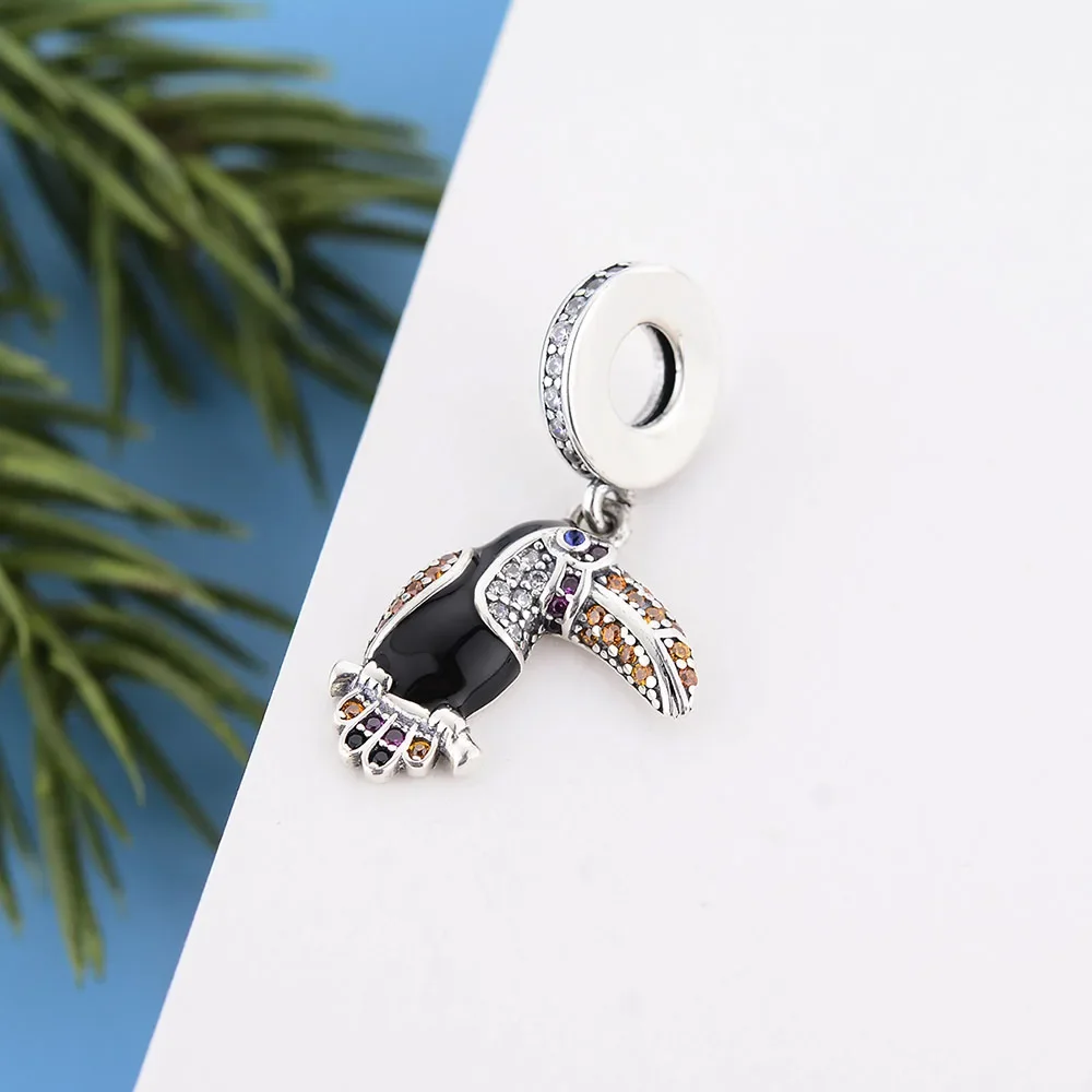 

Fit Original Brand Charm Bracelet Authentic 925 Silver Black Enamel Tropical Toucan Bird Bead For Making Women Berloque 2021