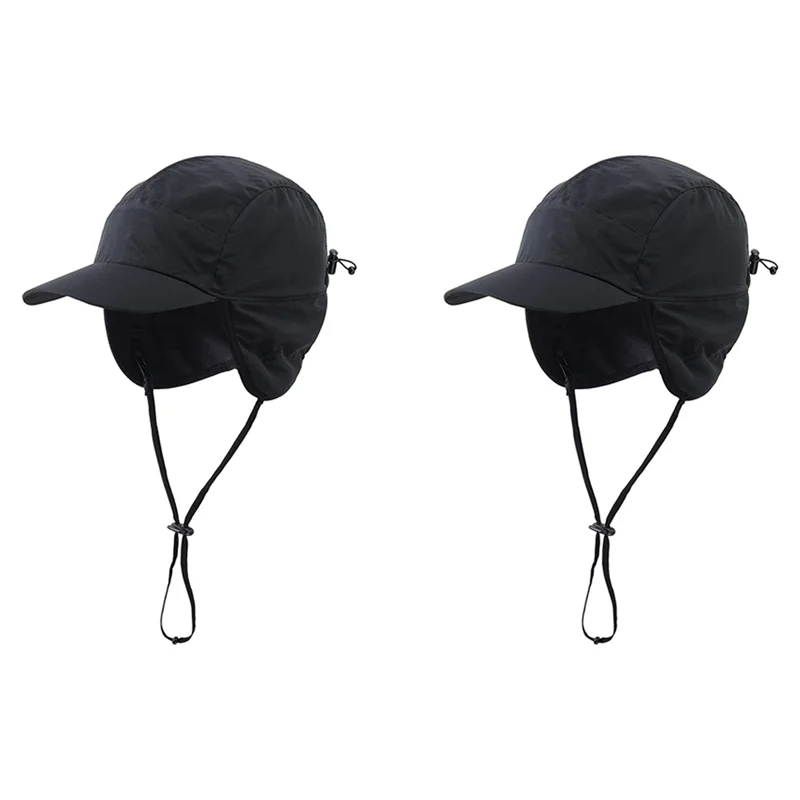 A64T-2X Waterproof Winter Hats Warm Polyester Lined Earflaps Baseball Cap,Black