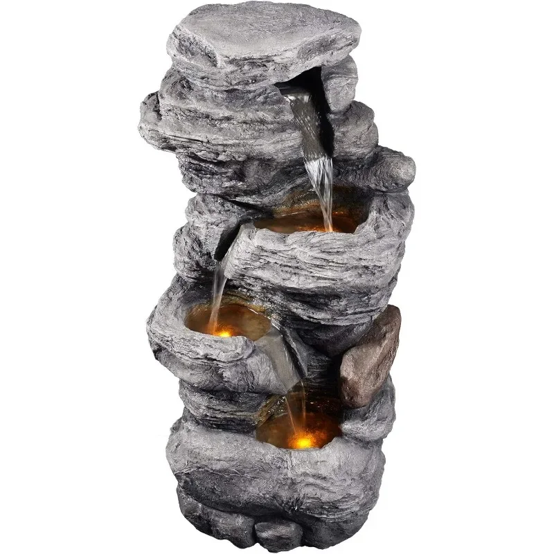 Outdoor Faux Stacked Stone 4-Tier Water Fountain with LED Lights and Pump, Gray