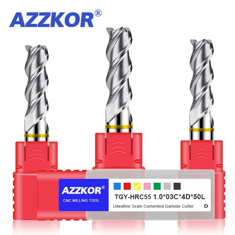 AZZKOR Tungsten Steel Carbide For Aluminu Milling Cutter 3F Color-Ring Coating CNC Mechanical Flat Bottom Endmills TGY-HRC55