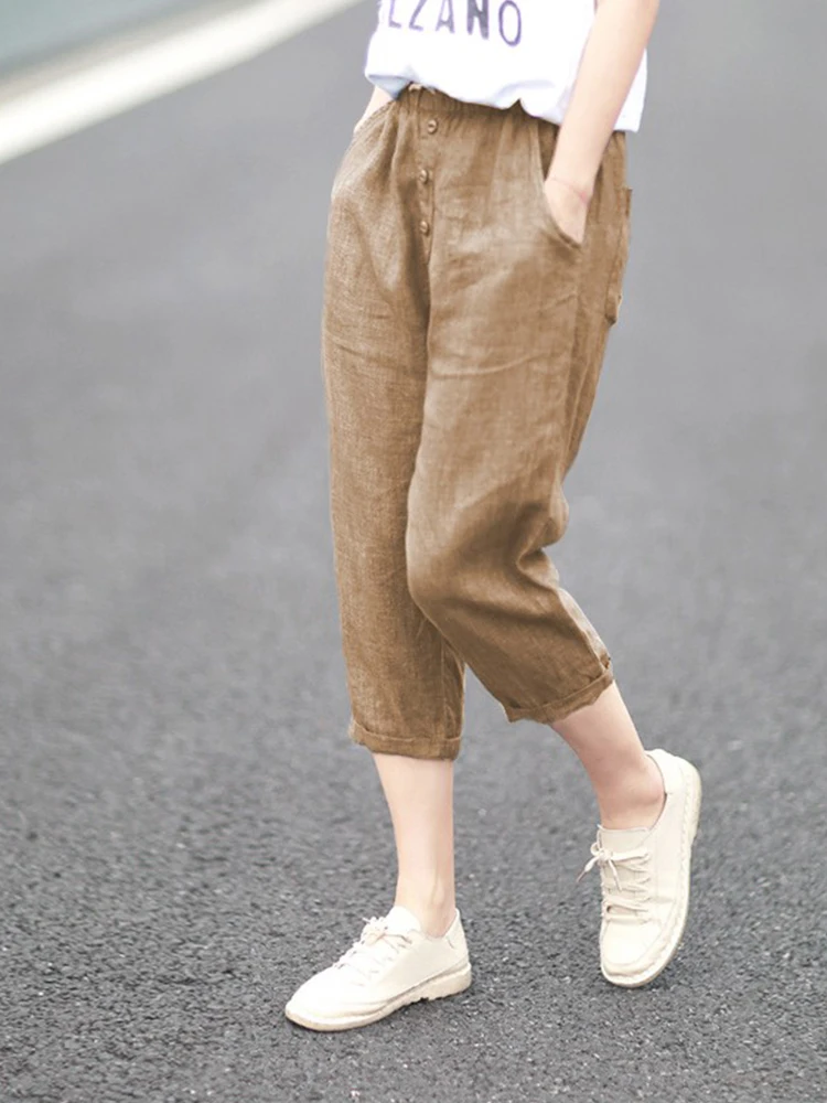 

Летние тонкие брюки-шаровары из хлопка и льна для женщин, свободного кроя, удлиненные, больших размеров, модные, однотонные, для повседневной носки