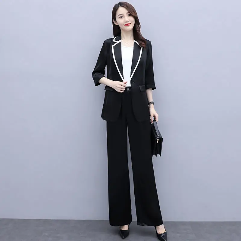 Women Spring Summer Thin Blazers Pants Two Piece Set Office Lady Graceful Patchwork Suit Coats Trousers Outfits Workwear Female