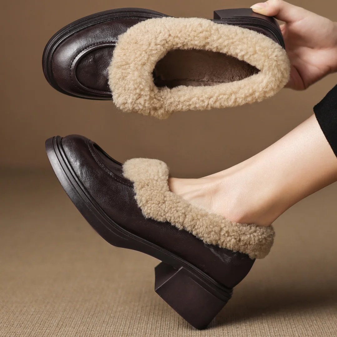

Women's sheepskin wool patchwork round toe short plush inside slip-on winter loafers 5.5cm thick high heel casual moccasins shoe
