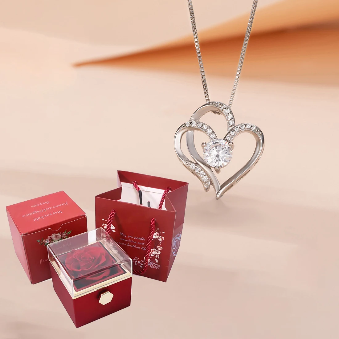 Elegant Heart Zircon Necklace With Rotating Rose Gift Box Luxury Jewelry Set For Girlfriend Wife Momther Romantic Christmas Gift