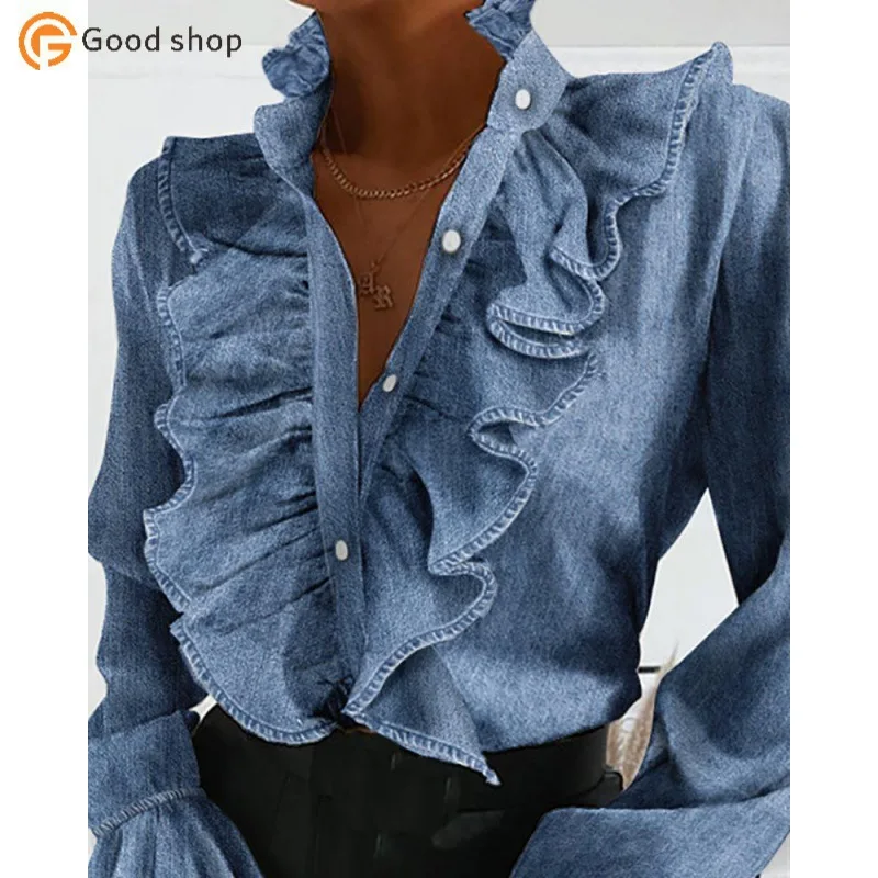 European and american women's clothing New Summer Cross-Border Independent Stand Ruffled Bell Sleeve Pleated Long Sleeve Shirt