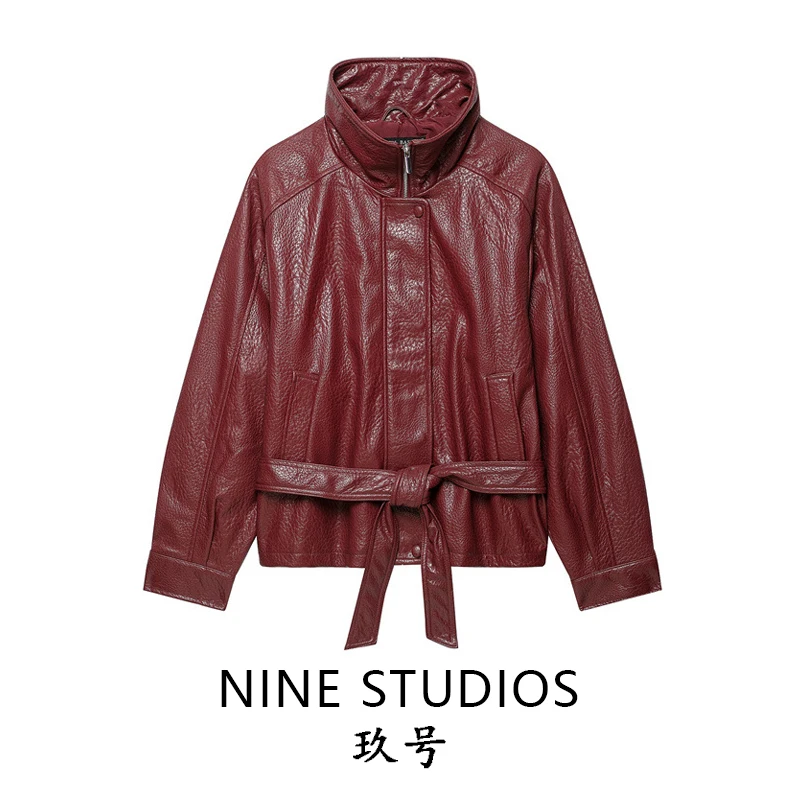 NINE ZAR Women's Long Sleeve Stand Collar Leather Effect Jacket with Belt 6318341 Regular Length Zipper Closure Fashionable O...