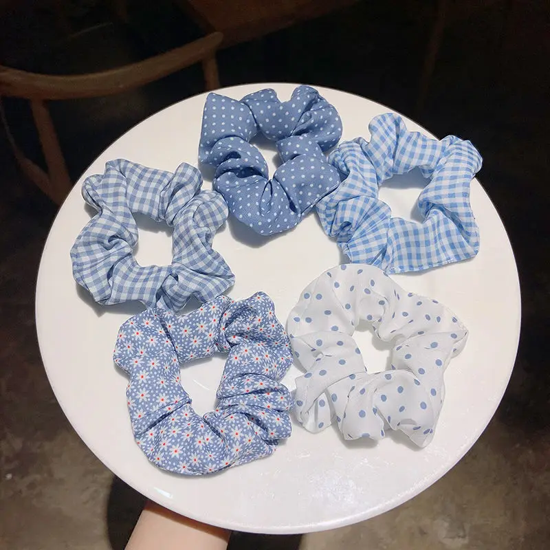 Korean Plaid Hair Scrunchies for Women Elastic Hair Bands Ponytail Dot Stripe Hair Tie Fashion Girls Cute Hairs Schrunchies Set