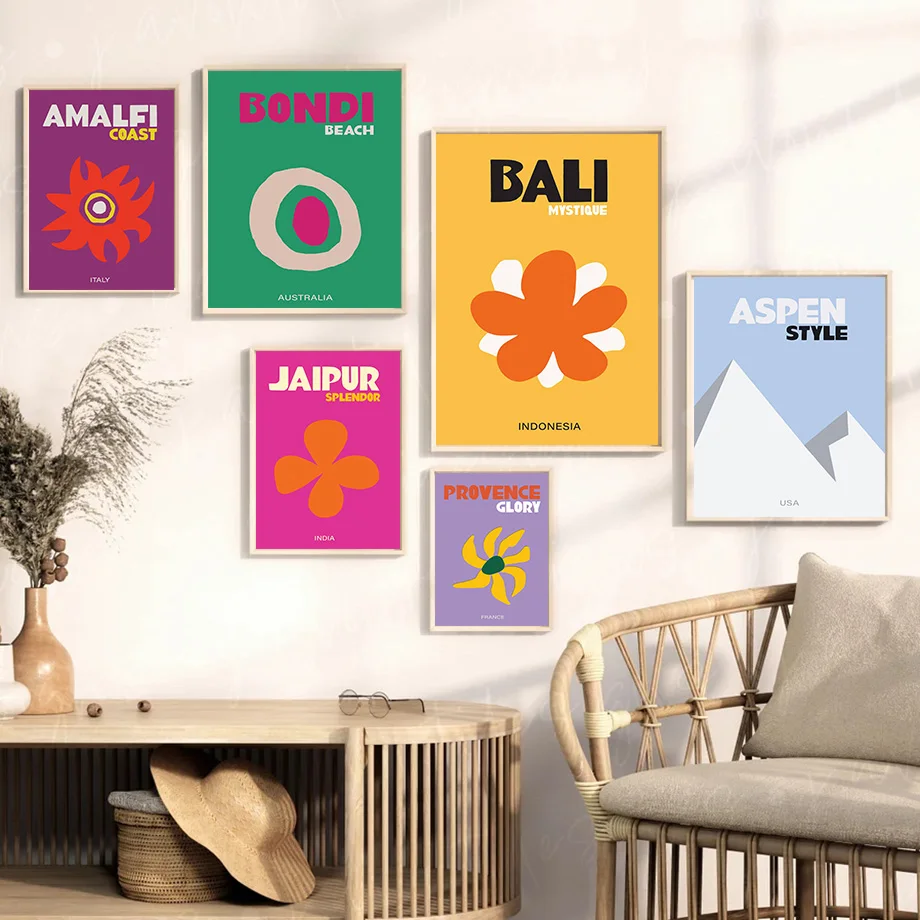 Póster de viaje de colores preppy, impresión artística de Bali, Bondi, Amalfi, Jaipur, Aspen, Provenza, pintura en lienzo nórdica minimalista para sala de estar