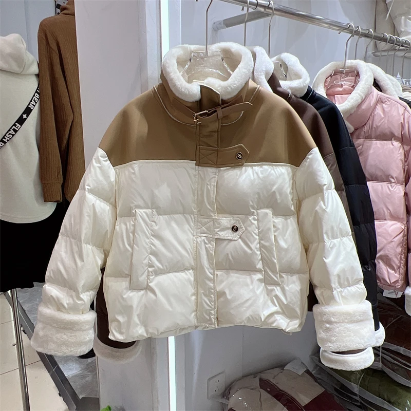 European style collar wool lamb splicing design sense down jacket winter 2024 Korean plush thicke Puffer jacket