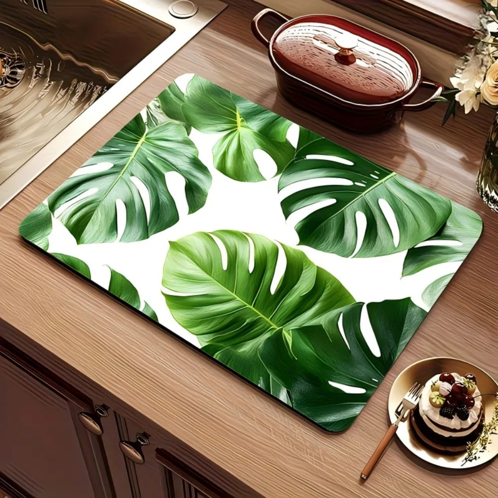 Tropical Monstera Leaf Dish Drying Mat Super Absorbent Kitchen Draining Mat Non Slip Coffee Bar Drain Pad Decorative Rug