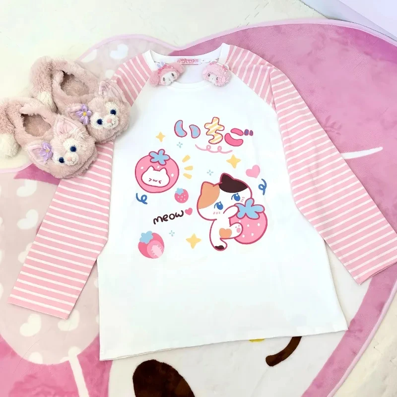 الكرتون المطبوعة الشارع الزي لوليتا تي شيرت الخريف الرجعية الحلو لطيف مخطط المرأة Y2k لوليتا تي شيرت على طراز هاراجوكو