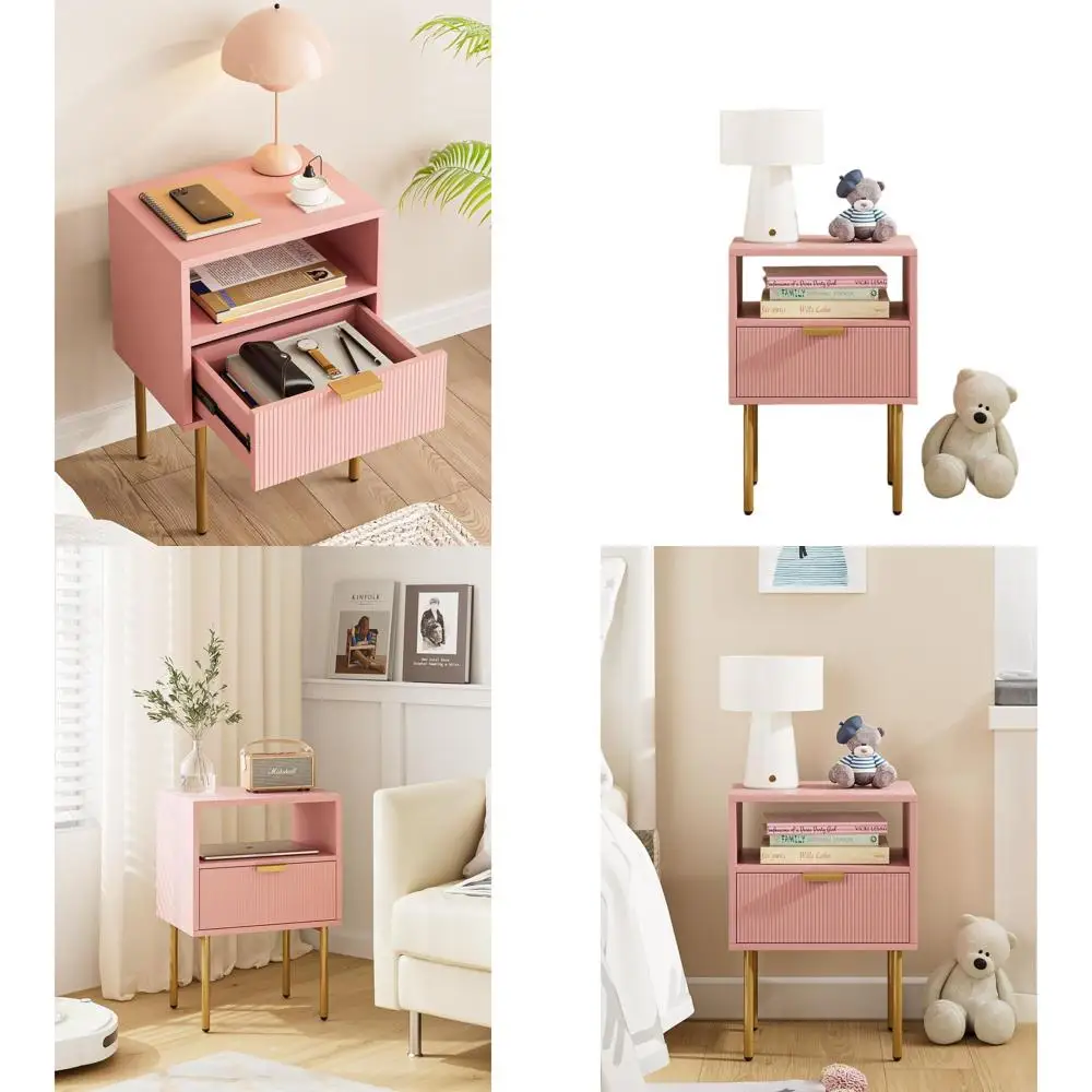 

Современная розовая прикроватная тумбочка с золотой рамкой, компактным ящиком и полкой для спальни и гостиной