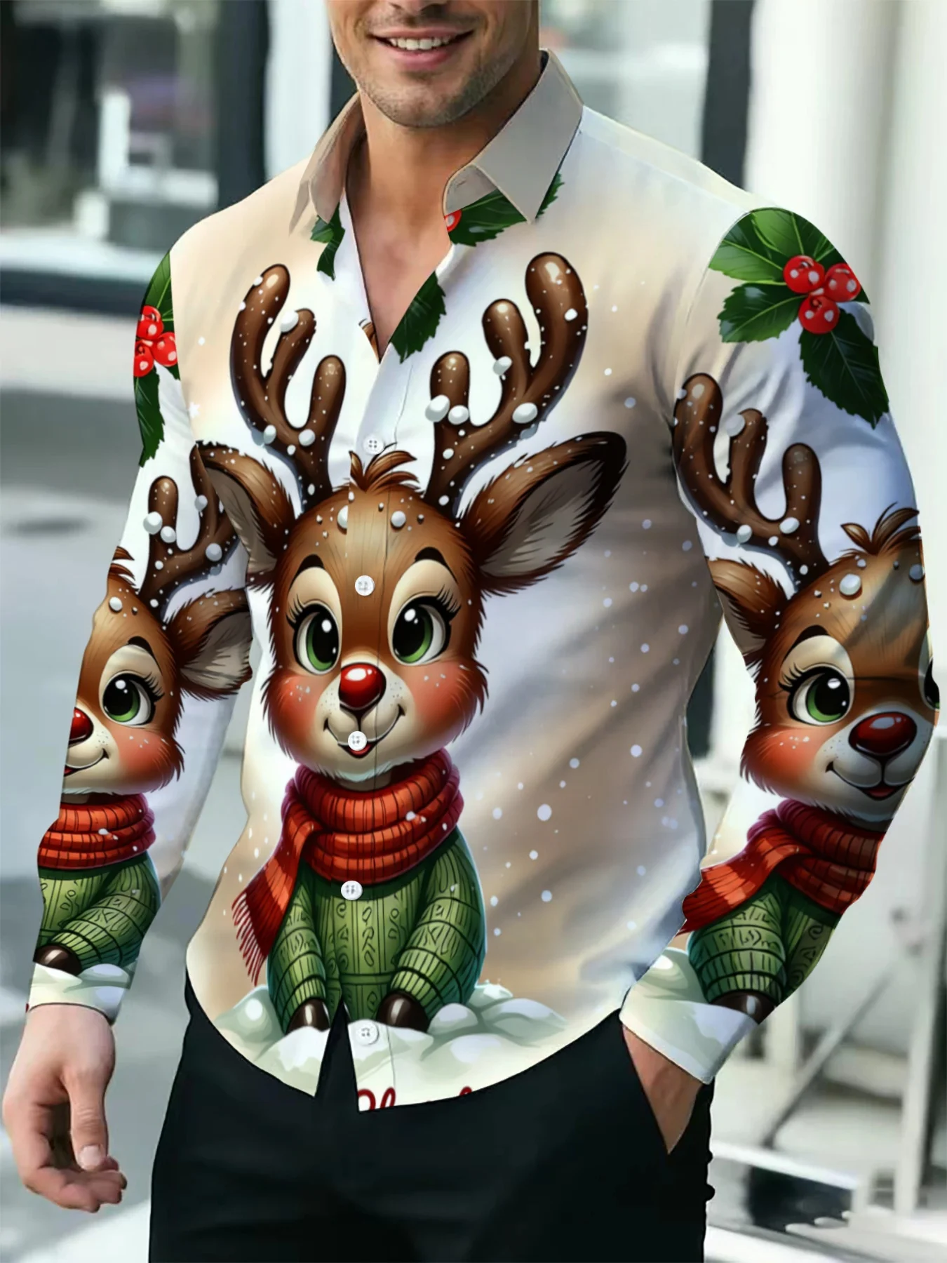 Men Long Sleeve Christmas Shirt Cream Cute Reindeer Holly Berry Print Button Down Holiday