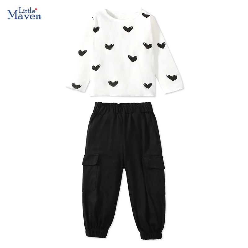 

Little maven Children's Clothing 2024 Autumn New Baby Girls Cotton Hearts T Shirts Tops+Pants Sets Cotton Clothes for Kids