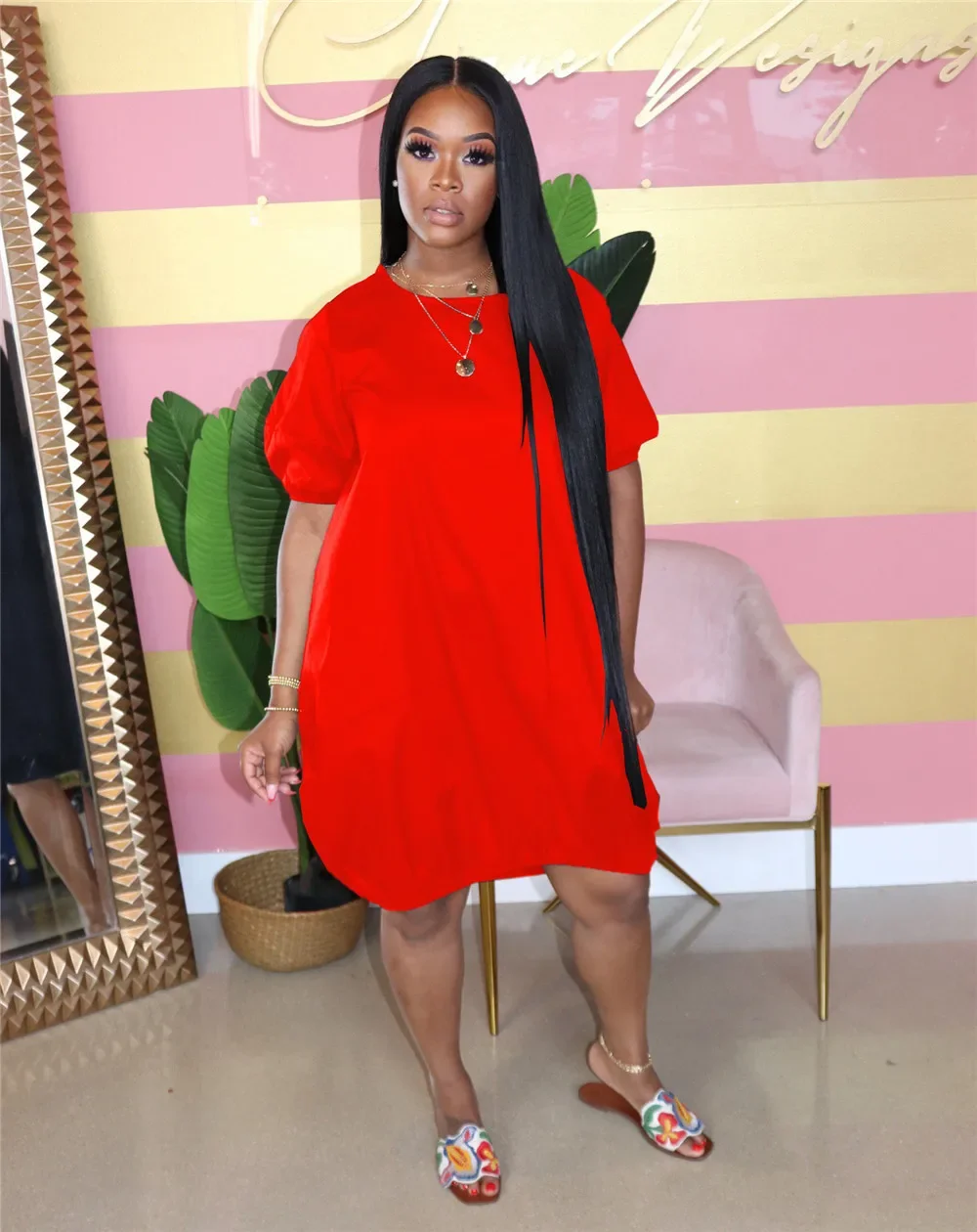 Loungewear-Robe décontractée à manches bouffantes et col rond pour femme, t-shirt longueur genou, poches solides, tunique midi, robe de jour, été