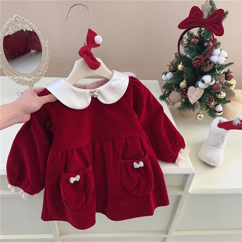 Girl\'s Red Velvet Dress Autumn Winter Thickened Baby Girls Doll Collar A-line Princess Dress Sweet One Year Old Birthday Dresses