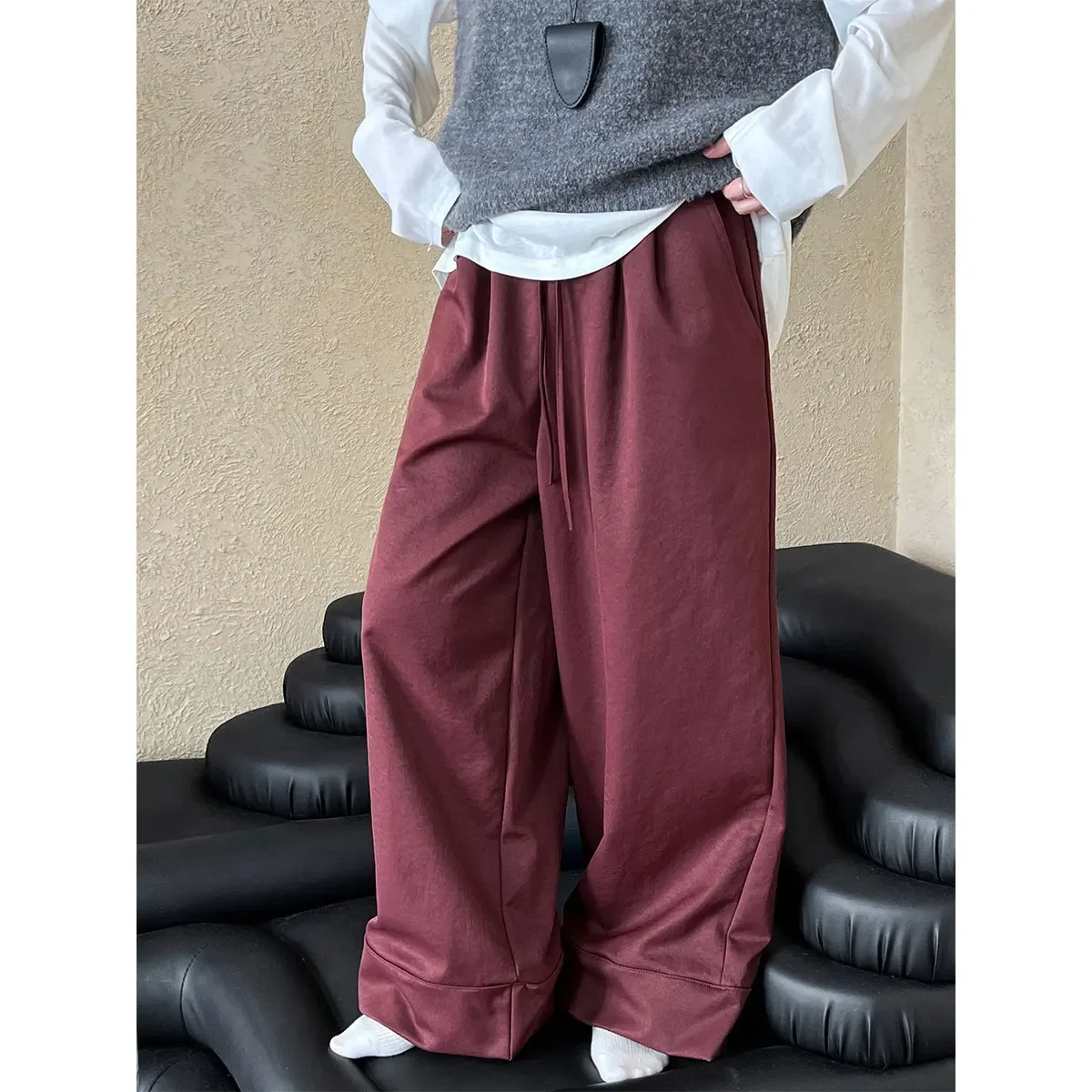 GALCAUR Casual Versatile Spliced Drawsting Trousers for Women High Wiast Minimalist Solid Wide Leg Pants Female Autumn Clothing