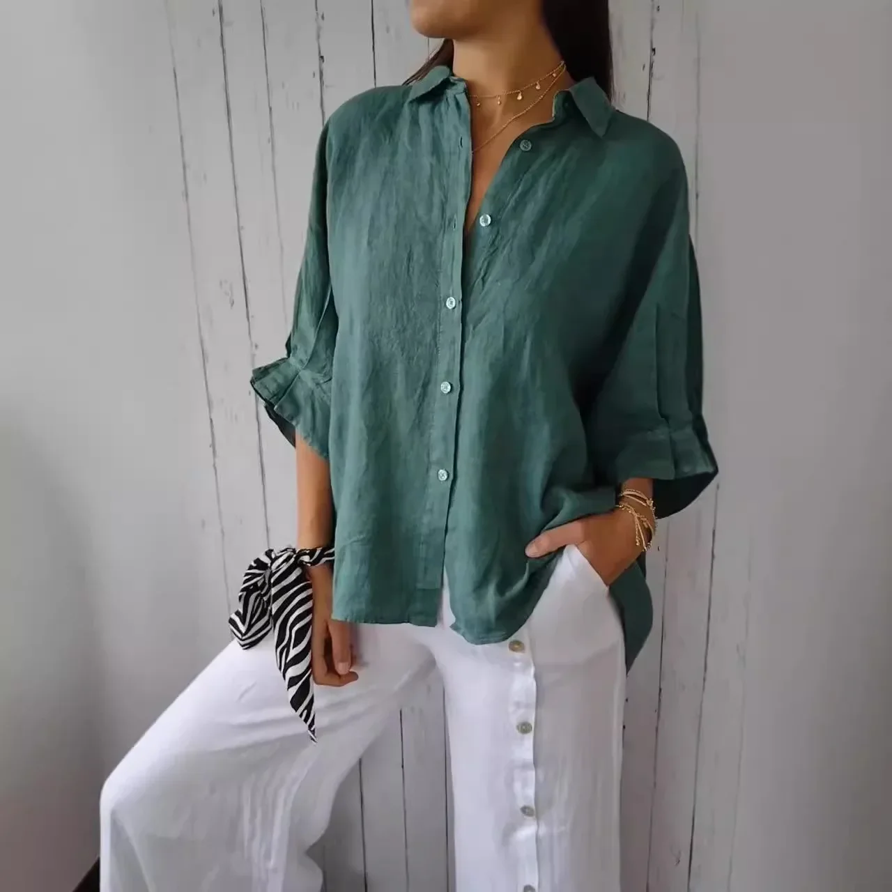 

New Summer Casual Button Down Shirt Women Loose Solid Color Lace Up Sun Protection Top Breathable Lapel Long Sleeve Blouse