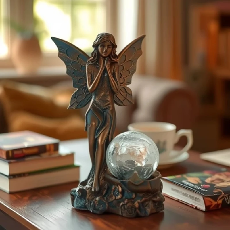 Solar Figurine Fairy Garden Statue with Butterfly Wings Crackled Glass Ball Handcrafted Outdoor Decor for Patio & Lawn Decoratio
