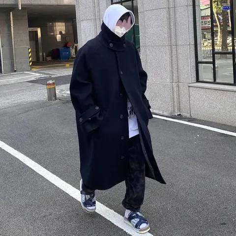 Mauroicardi 가을 겨울 긴 대형 방풍 ArmyGreen 블랙 따뜻한 모직 트렌치 코트 남성 싱글 브레스트 런웨이 패션