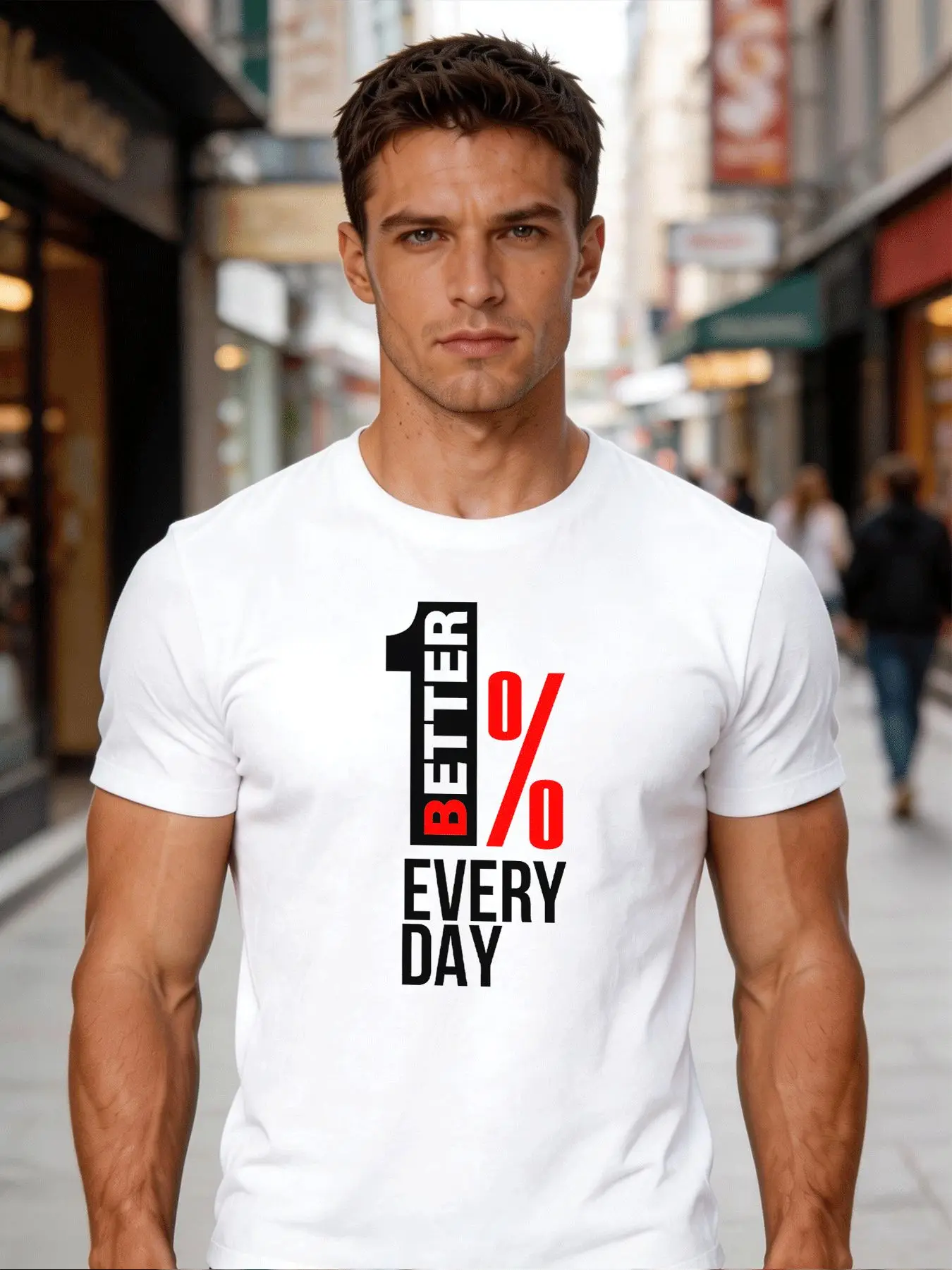 Men White Crew Neck Tee 1 Better Every Day Red Black Motivational Percentage Typography Self Improvement Casual Cotton Tops