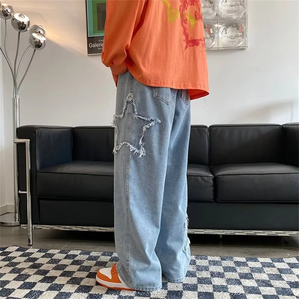 High Street Star Embroidered Jeans Men Retro Washed Patch Loose Wide Leg Pants American Casual Loose Straight Y2K Pants