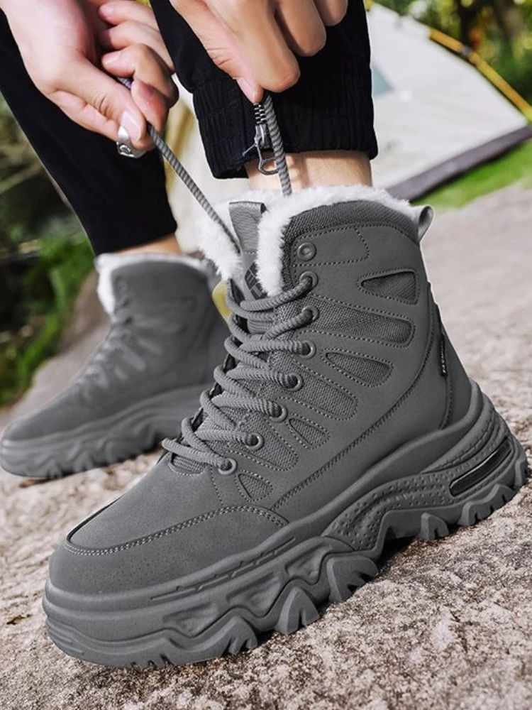 

​Men's High Top Snow Boots Winter Extreme Cold Fleece Lined Leather Fur Full Grain Insulated Outdoor Thick Sole Lace Up​