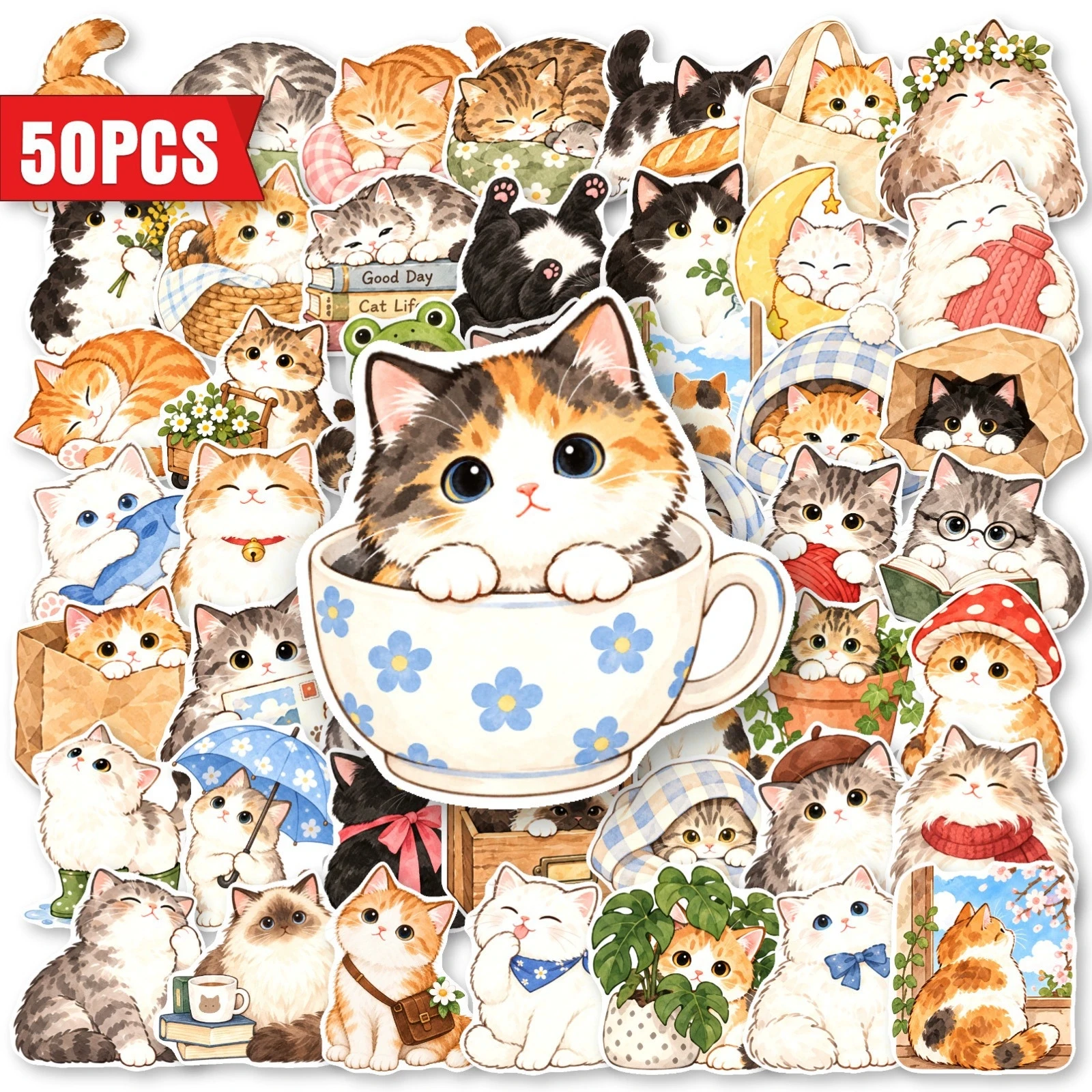 50pcs Cute Cat Watercolor Stickers Waterproof Kawaii Pet for Journal Notebook Water Bottle DIY