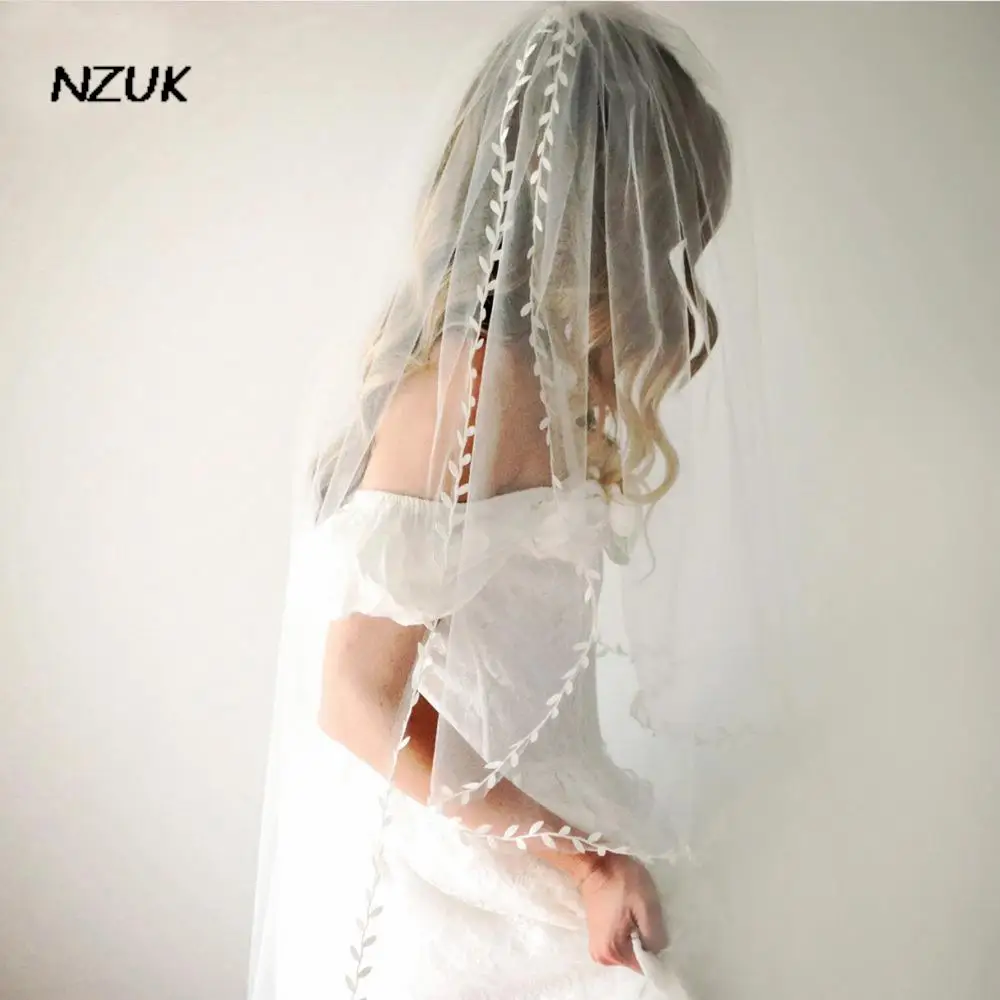 

NZUK 2 Tiers Bridal Veil with Blusher LeafLace Cover Front and Back Oval White Bride Veil Velos de Novia Elegantes Wedding Veil