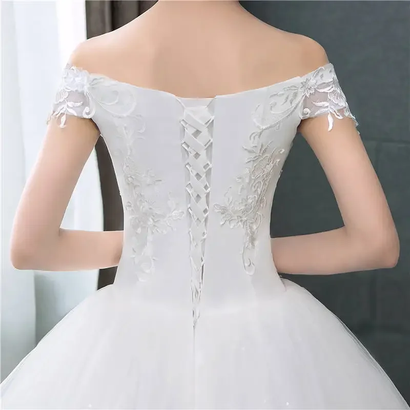 It\'s YiiYa Sexy Boat Neck Wedding Dresses Simple Off White Cheap Princess Lace up Floor Length Plus size Wedding Gown HS284