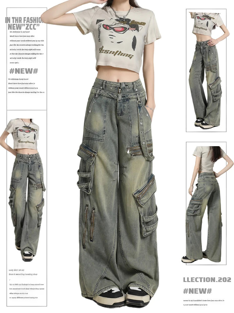 

American High Street Design Heavy Du Multi ket Denim Work Pants Women Autumn Winter Loose Floor Length Trousers
