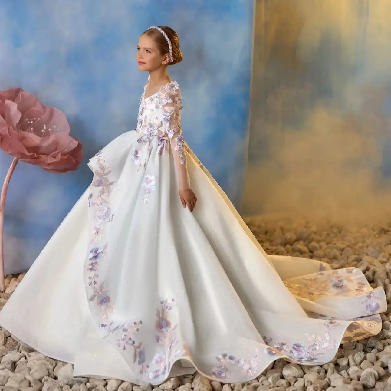 Robes de demoiselle d'honneur pour mariage, avec des Appliques en dentelle, manches longues, robes de princesse pour séance photo, robes de première Communion personnalisées