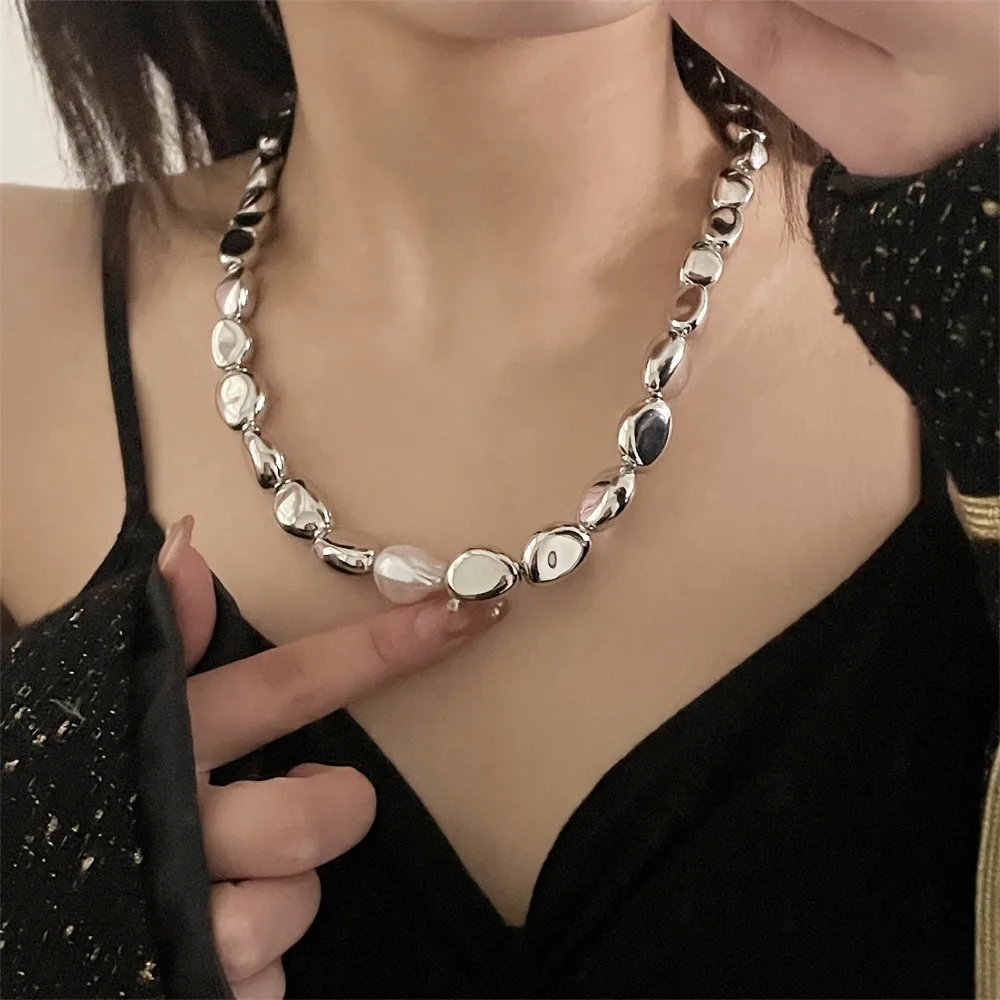 Vintage Silver-plate Geometric Exaggerated Artificial Pearl Chain Necklace For Women Female Fashion Boho Y2K Girl Jewelry Gift