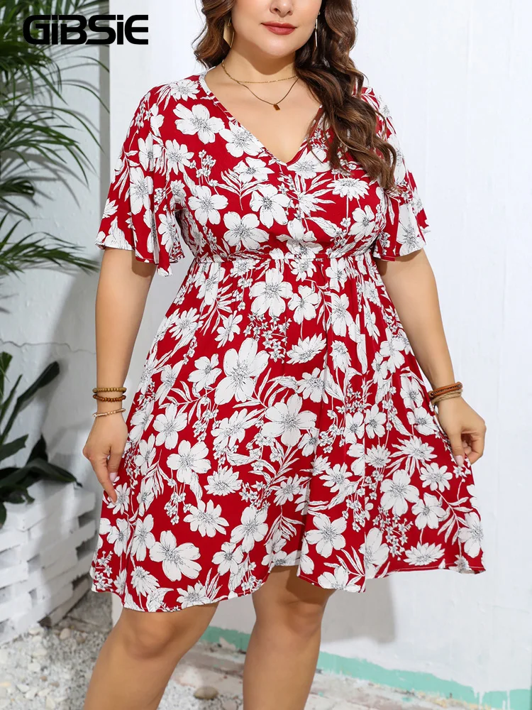 GIBSIE Plus Size Floral Print V-Neck Short Sleeve Dress Women 2024 Summer Elastic Waist Casual Loose Boho Mini A Line Dresses